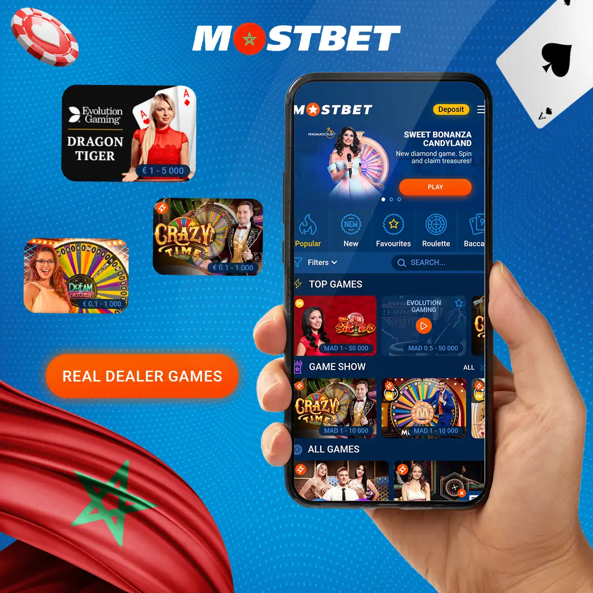 مجموعة كبيرة من ألعاب الموزع المباشر في كازينو Mostbet المغرب عبر الإنترنت